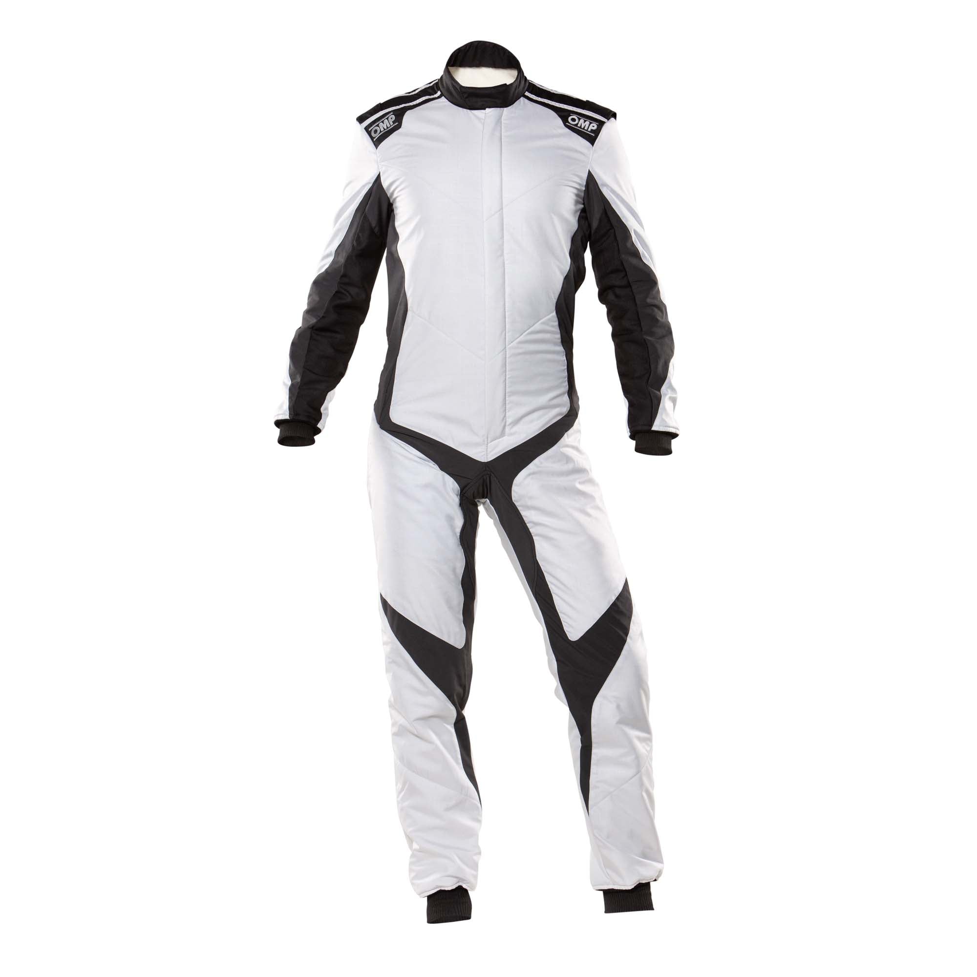 White/silver racing suit with black side panels and OMP logos, full-length zipper, long sleeves.