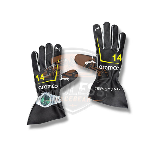 Black racing gloves with aramco logo, PUMA stripe, and BREITLING text on back | Endless Racewear