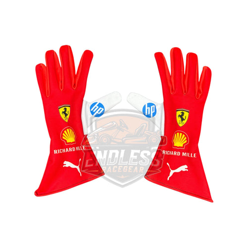 Red replica racing gloves with Ferrari shield, Puma logos, and HP details on back