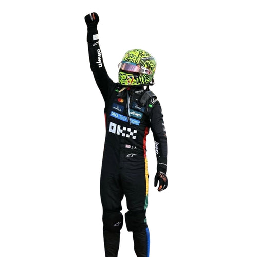 Black race suit with multicolor graphics, checkered chest panel, and tall sleeve logos