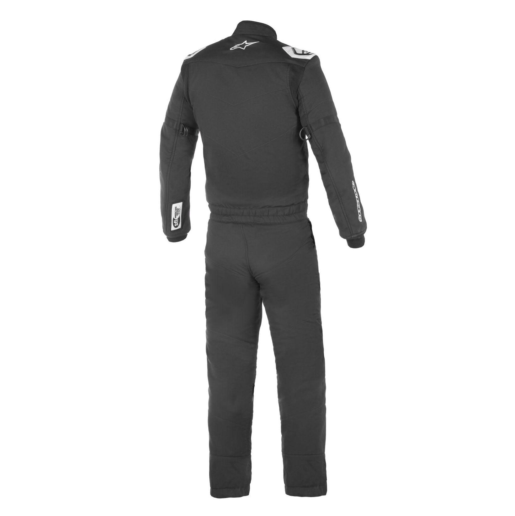 Youth dark racing suit, back view, long sleeves and full-leg pants with logos