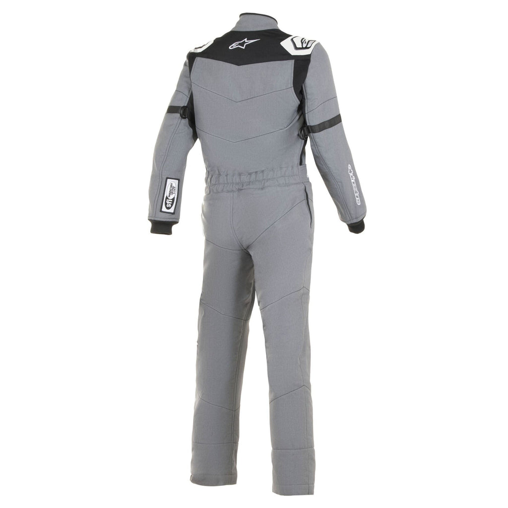 Youth grey racing suit with black collar, long sleeves and full-leg pants