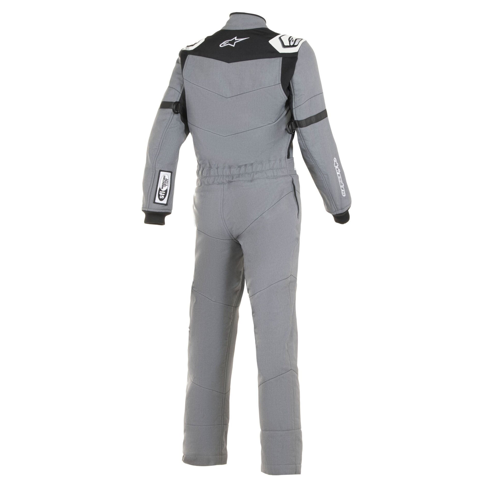 Youth grey racing suit with black collar, long sleeves and full-leg pants