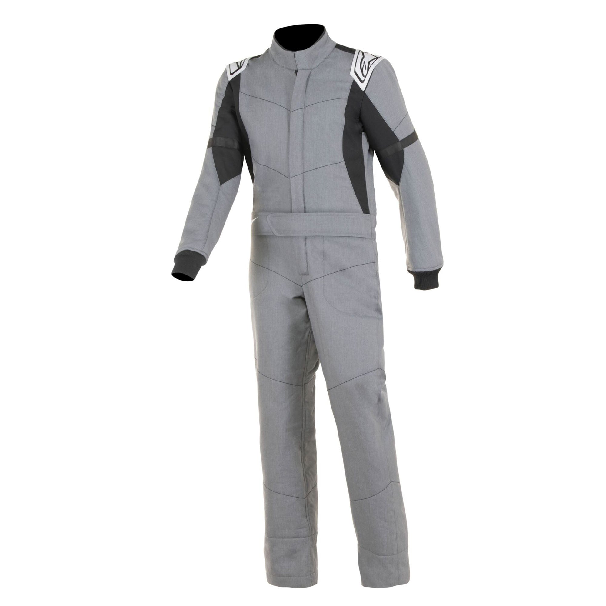 Youth grey racing suit with black shoulder panels, zip front, long sleeves and pants