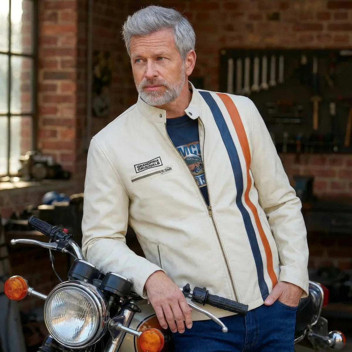 GrandPrix Originals Men's Gulf Roadmaster Lambskin Leather Racing Jacket - Gulf Blue/Navy/Ivory White