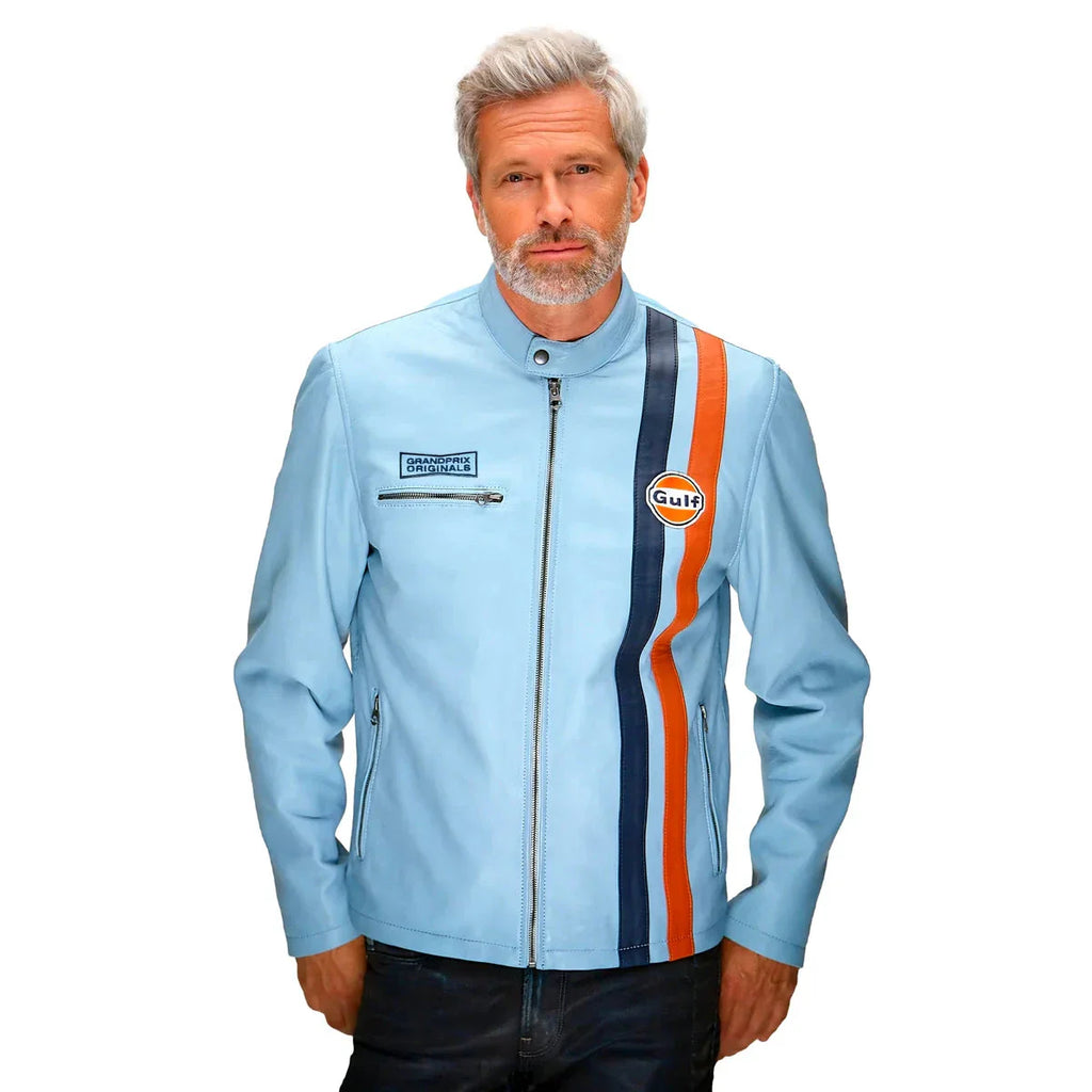 GrandPrix Originals Men's Gulf Roadmaster Lambskin Leather Racing Jacket - Gulf Blue/Navy/Ivory White Jackets GrandPrix Originals USA S Blue 