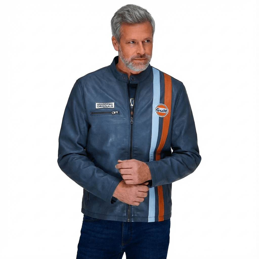 GrandPrix Originals Men's Gulf Roadmaster Lambskin Leather Racing Jacket - Gulf Blue/Navy/Ivory White Jackets GrandPrix Originals USA S Navy 