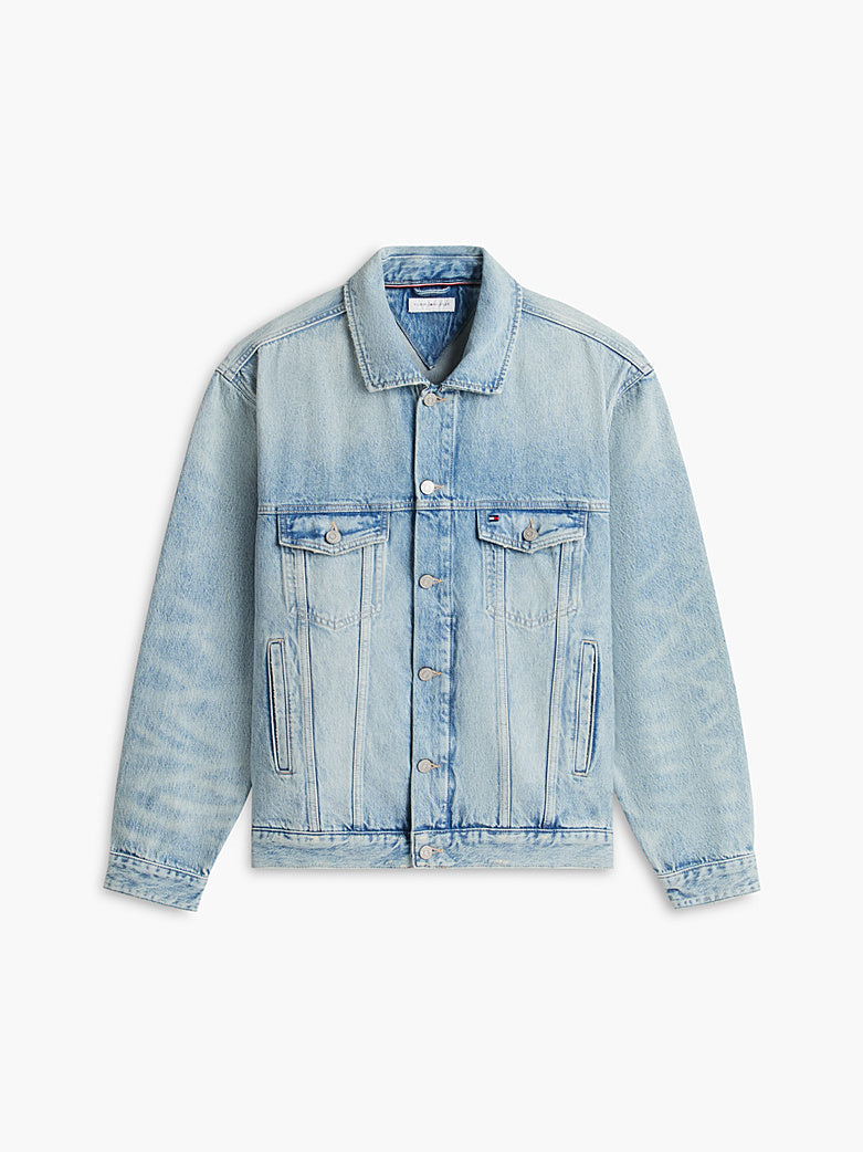 Light blue denim trucker jacket with button front, pointed collar, and two chest flap pockets