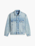Light blue denim trucker jacket with button front, pointed collar, and two chest flap pockets