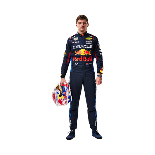Navy Red Bull Formula racing suit with logos, gloves, and matching boots; holding a helmet