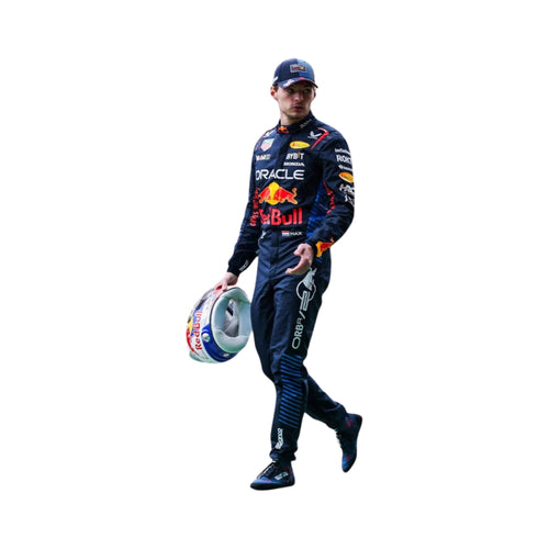 Blue navy Red Bull Formula racing suit with sponsor logos and boots; holding a helmet