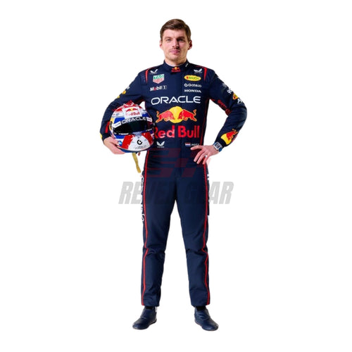 Racing jumpsuit in dark navy with red piping and Red Bull logo, front view