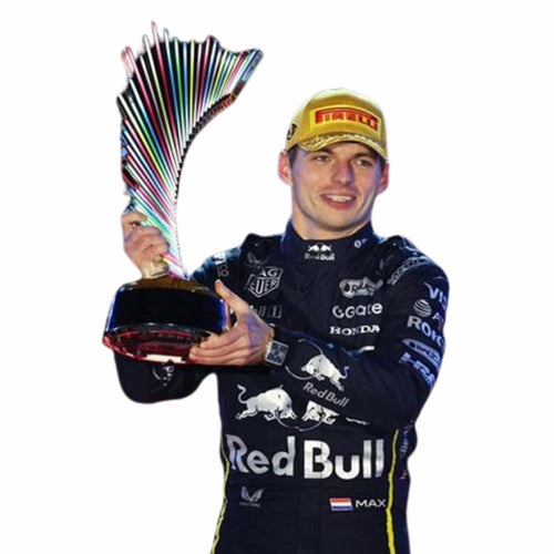 Navy racing kart suit with sponsor logos and Red Bull graphic, holding a trophy