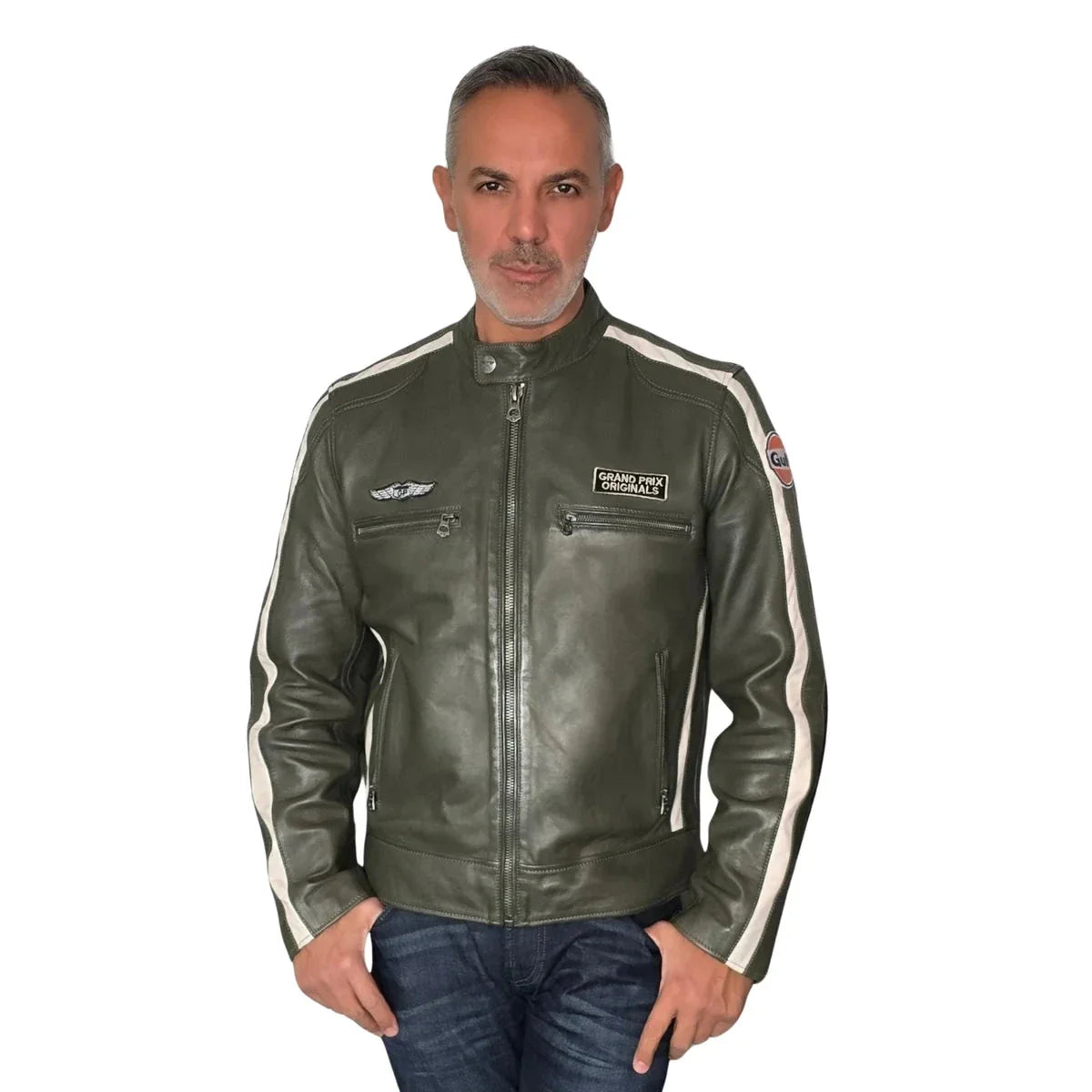 GrandPrix Originals Men's Lambskin Leather Racing Jacket - Olive/Gulf Blue/Orange