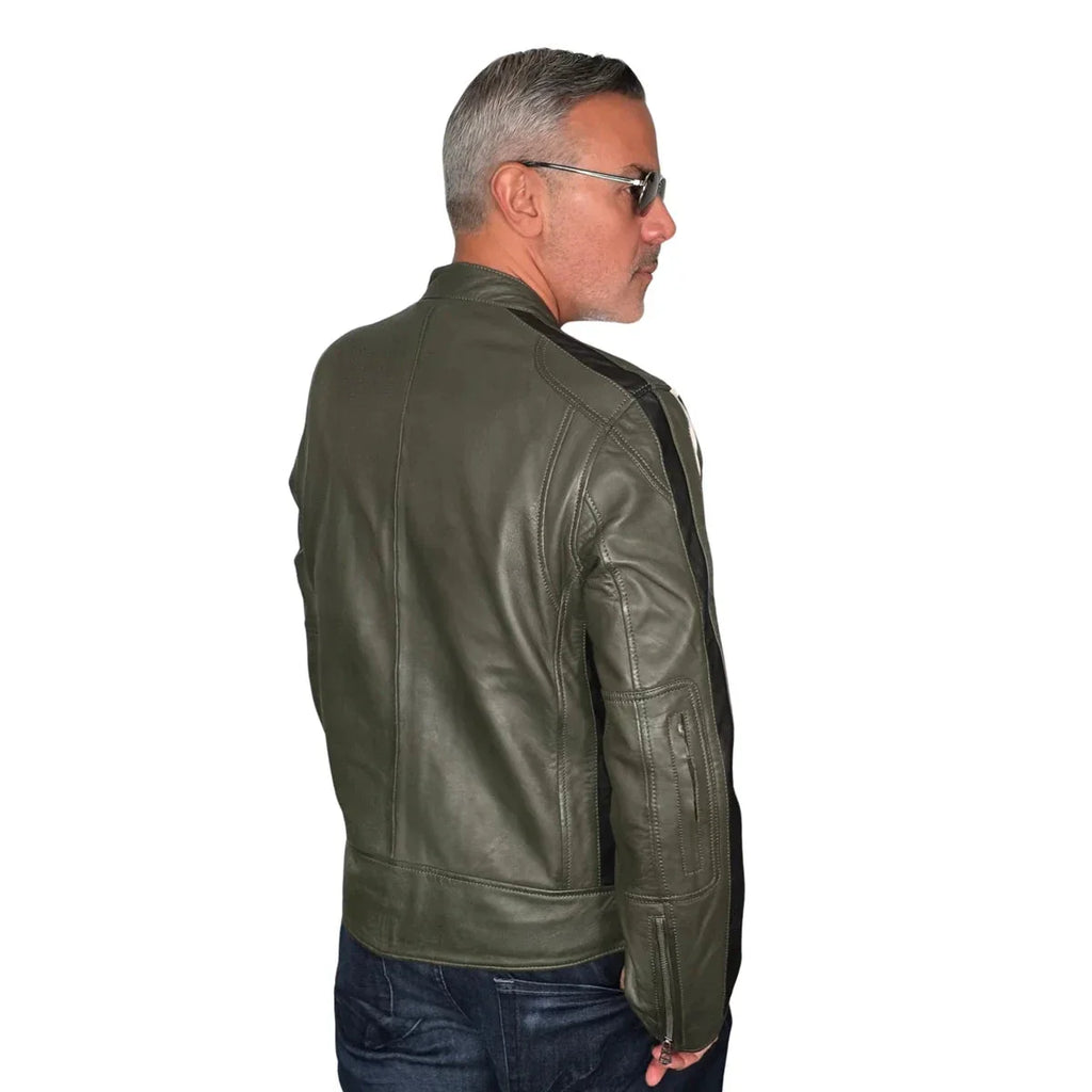 GrandPrix Originals Men's Lambskin Leather Racing Jacket - Olive/Gulf Blue/Orange
