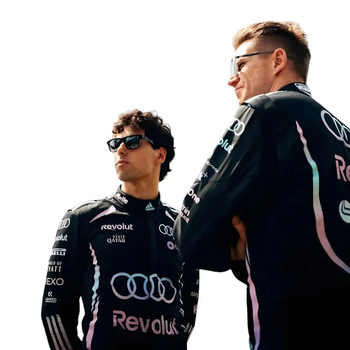 Dark navy F1 race suit replica with white stripes and Revolut-style graphics