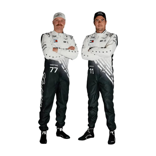 Replica race suit in white and dark gray, full-body view with arms crossed