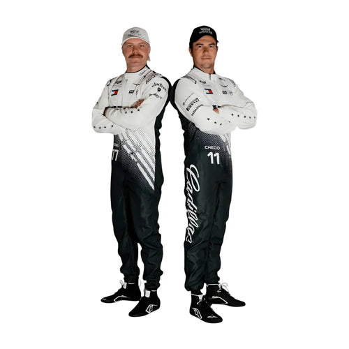 Replica race suit in white and dark gray, standing pose with black lower legs