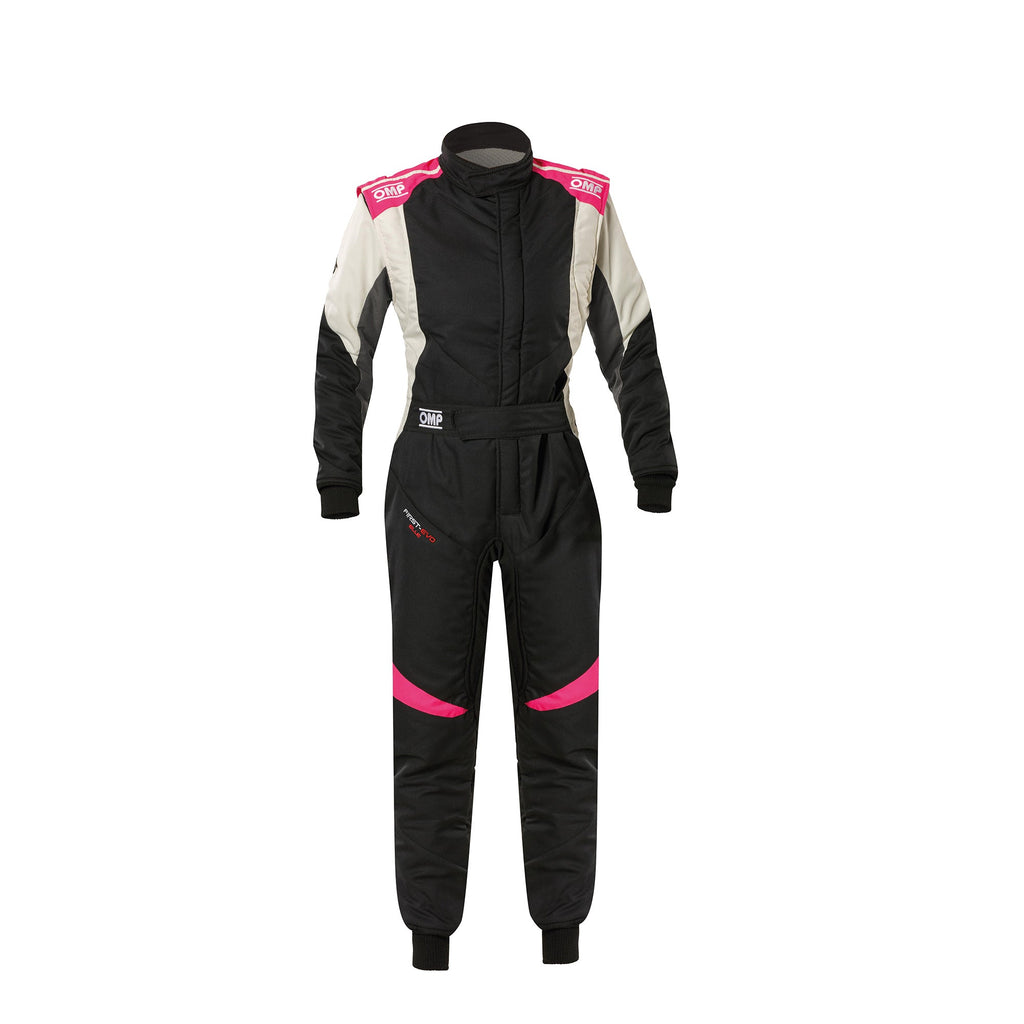 Women’s racing suit, black with fuchsia piping and side stripe panels, full-length jumpsuit.