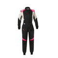 Women’s racing suit, black with fuchsia piping and side stripe panels, full-length jumpsuit.