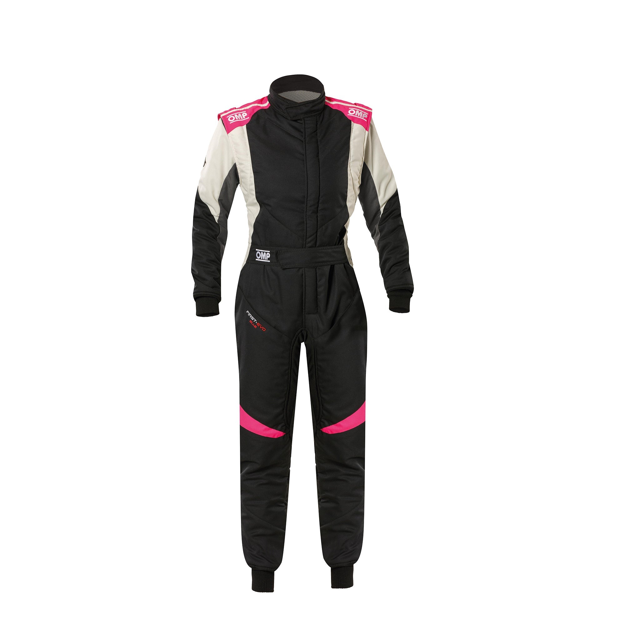 Women’s racing suit, black with fuchsia piping and side stripe panels, full-length jumpsuit.