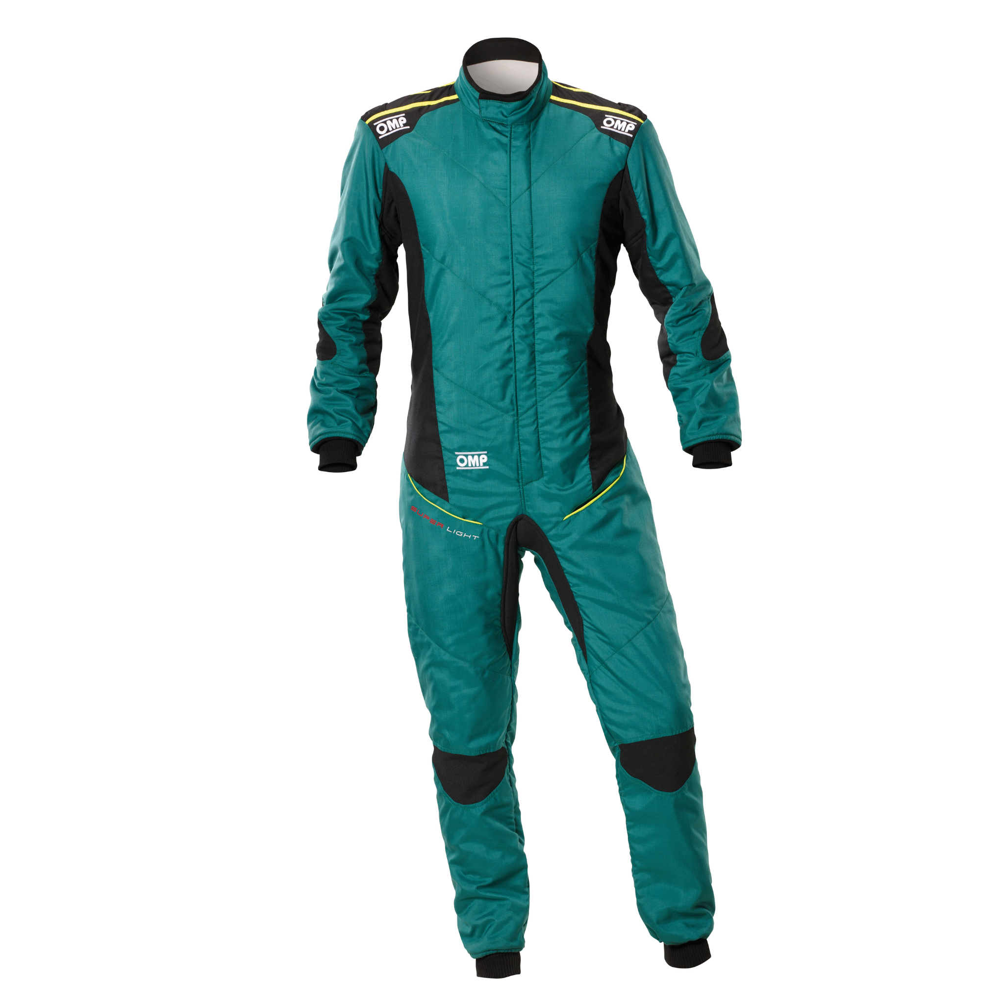 Green racing suit with black side panels and zipper front, long sleeves and legs