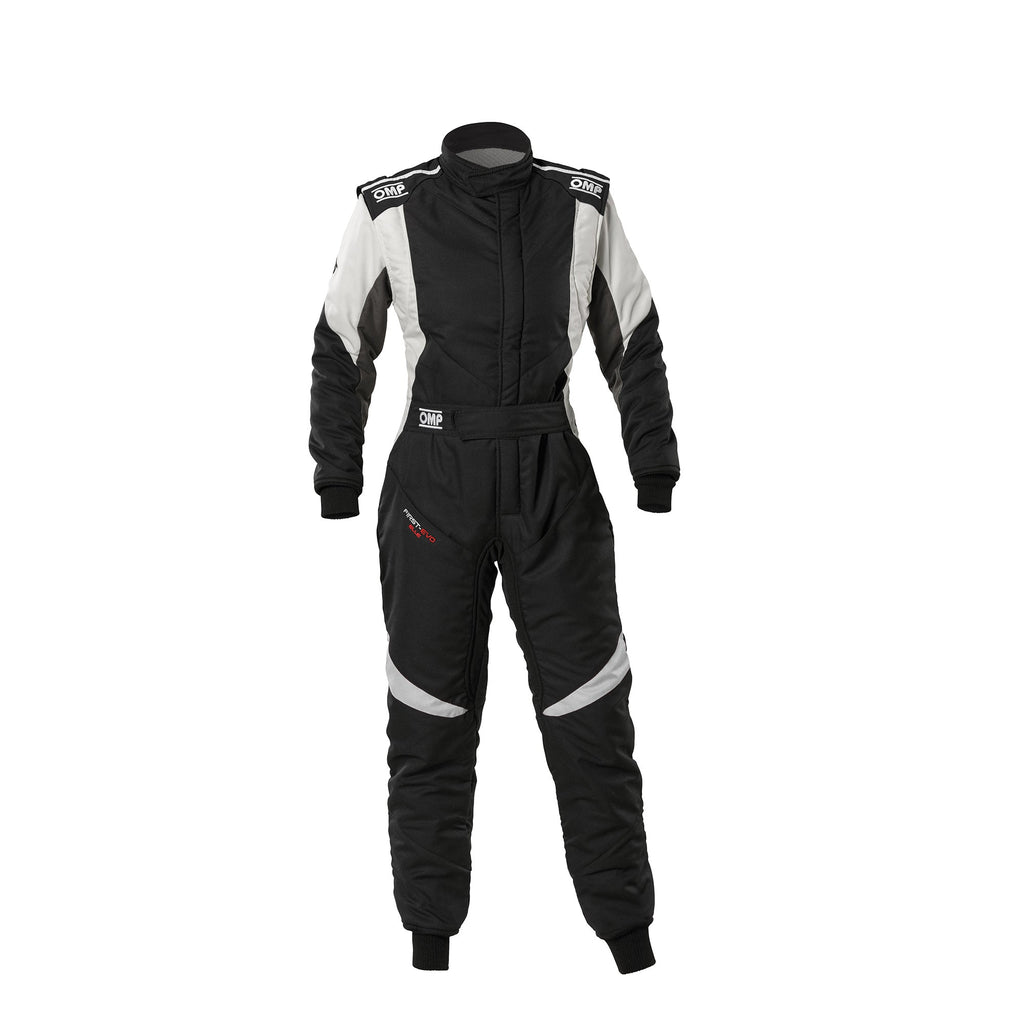 Women’s racing suit, black with white sleeve and leg panels, full-length jumpsuit.
