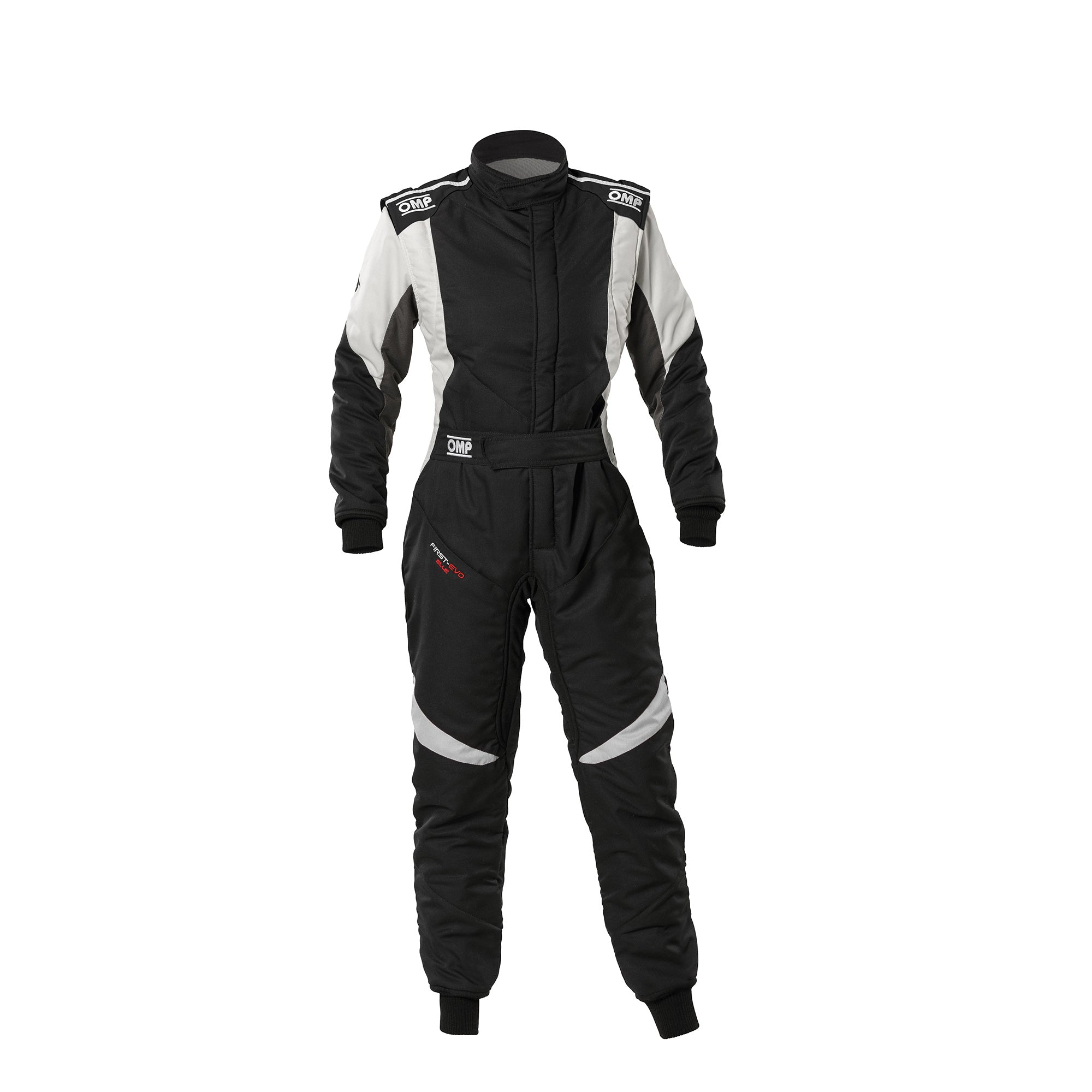 Women’s racing suit, black with white sleeve and leg panels, full-length jumpsuit.