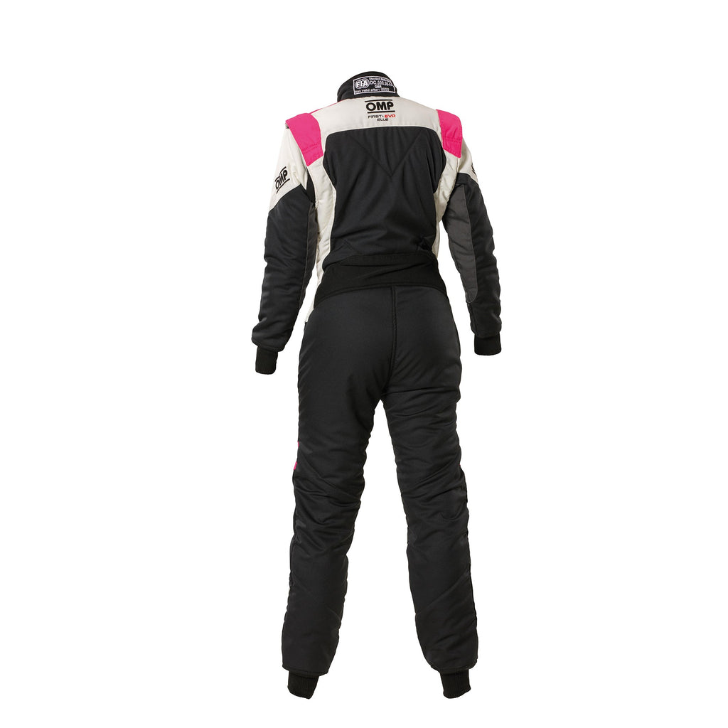 Women’s racing suit, black with white shoulders and fuchsia accents, full-length jumpsuit.