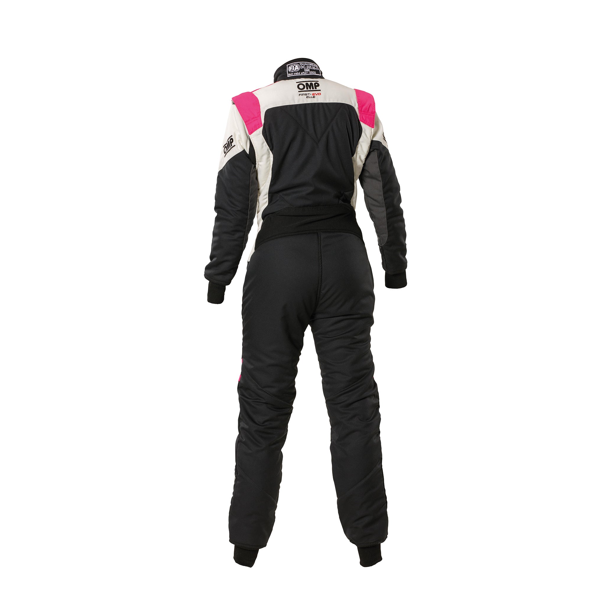 Women’s racing suit, black with white shoulders and fuchsia accents, full-length jumpsuit.