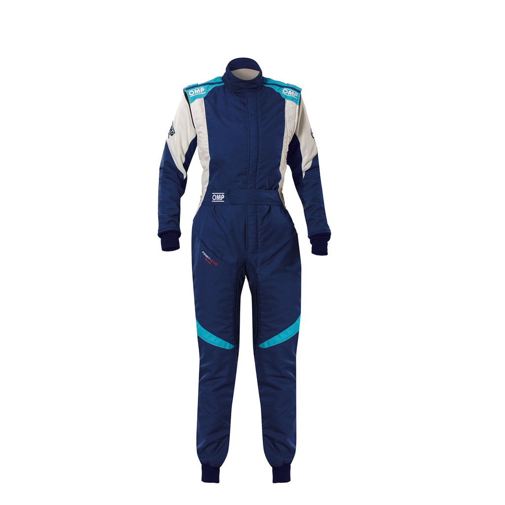 Women’s racing suit, navy with white panels and teal accents, full-length jumpsuit.