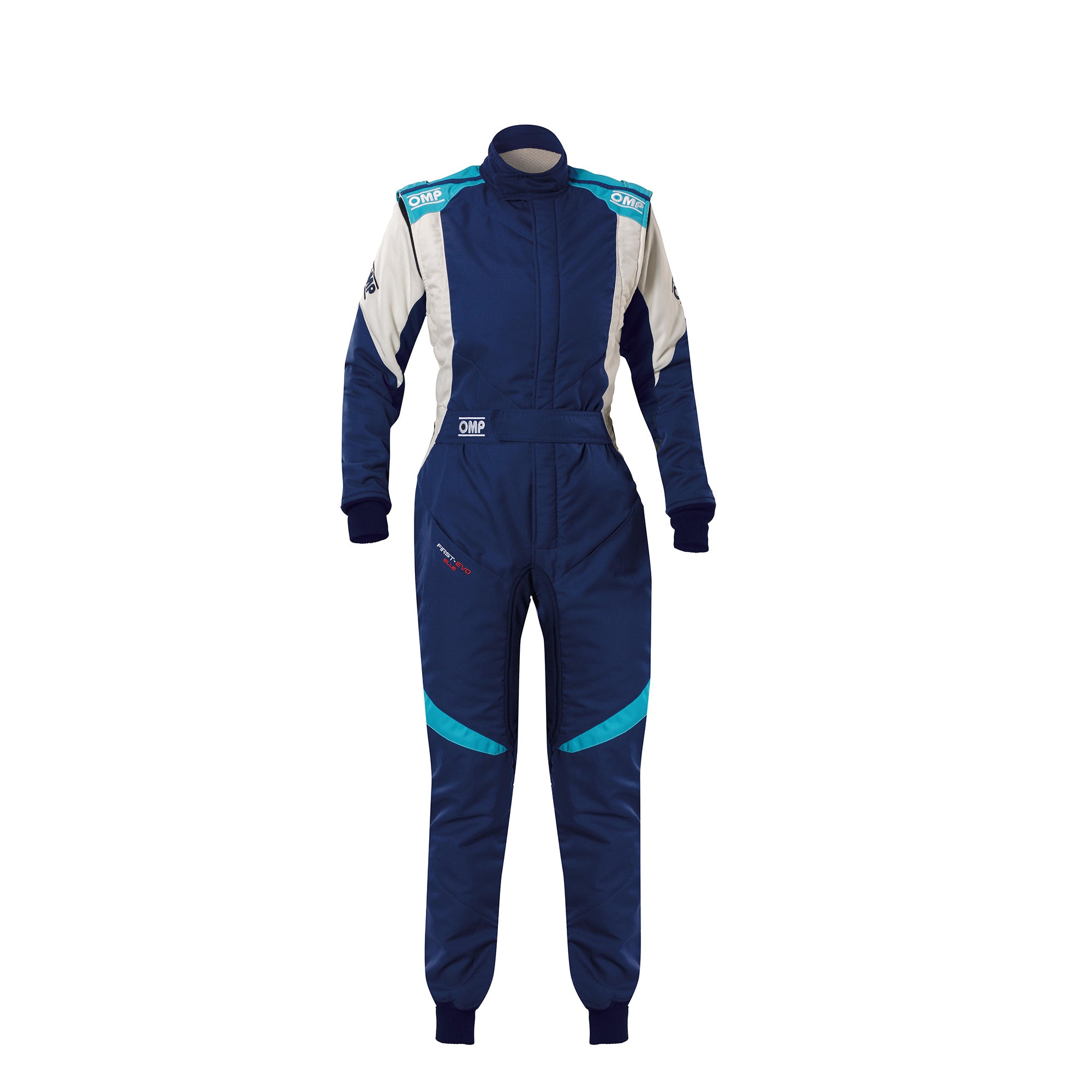 Women’s racing suit, navy with white panels and teal accents, full-length jumpsuit.