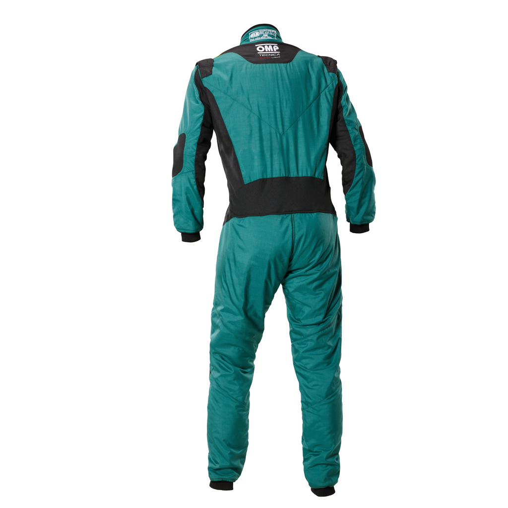 Green racing suit back view with black shoulder and thigh panels, full-length zipper