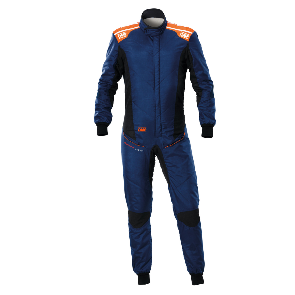 Blue racing suit with black sleeves, orange trim at shoulders, long sleeves and legs