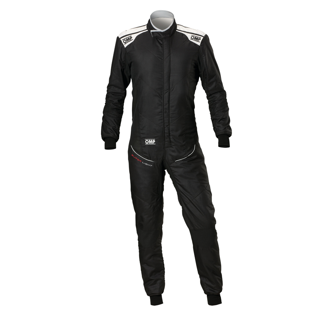 Black racing suit with gray collar and dark zipper front, long sleeves and legs