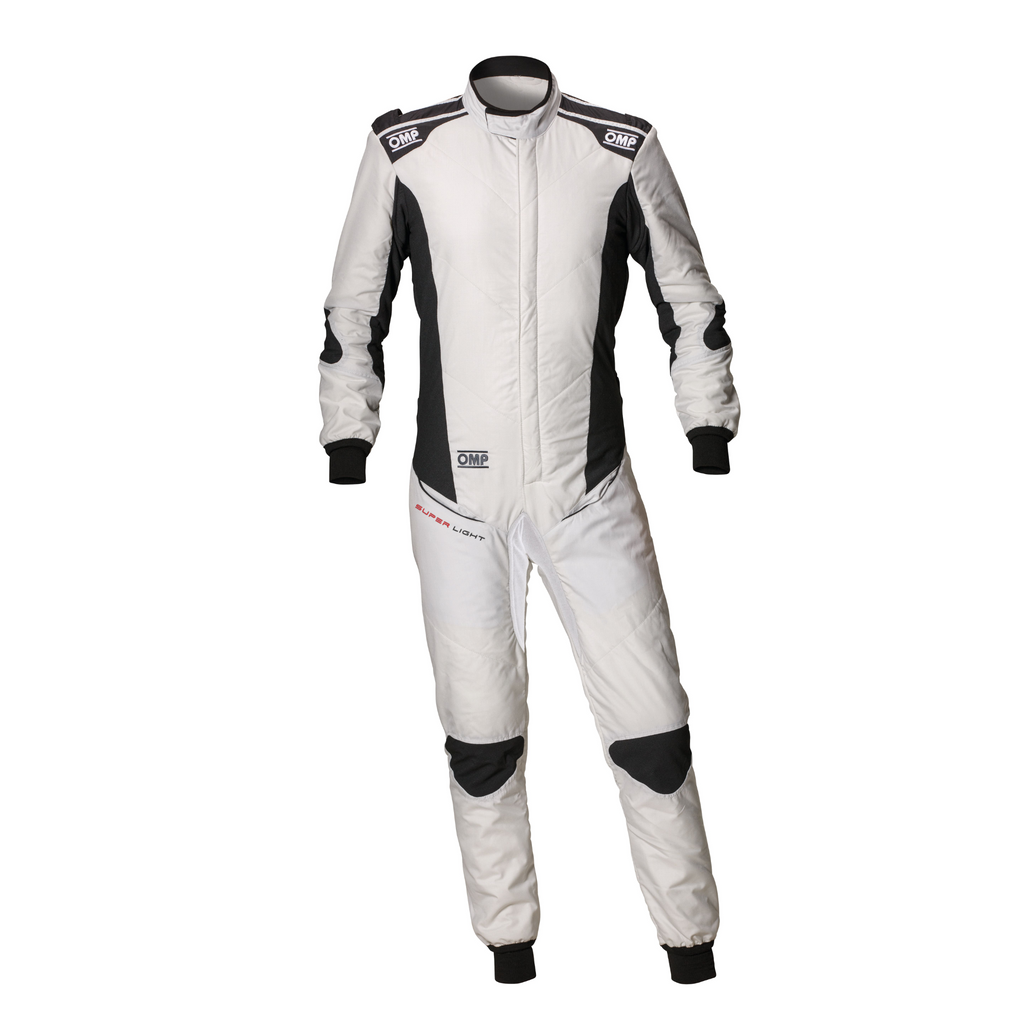 White racing suit with black side panels, full-length zipper front, long sleeves and legs