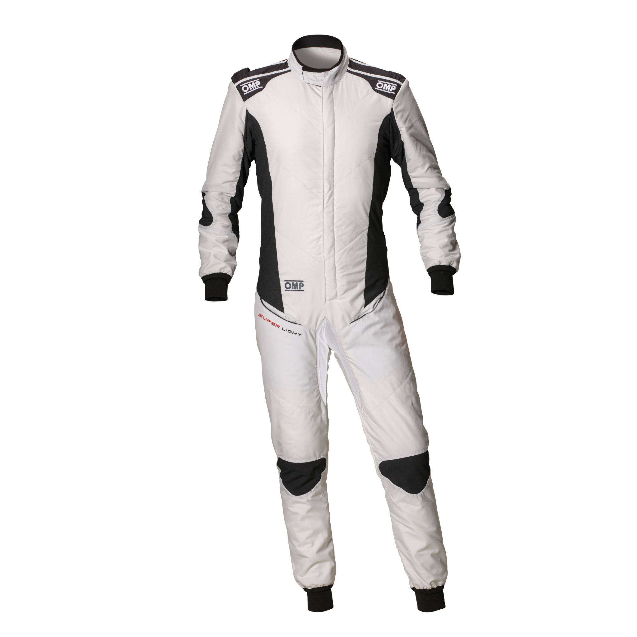 White racing suit with black side panels, full-length zipper front, long sleeves and legs