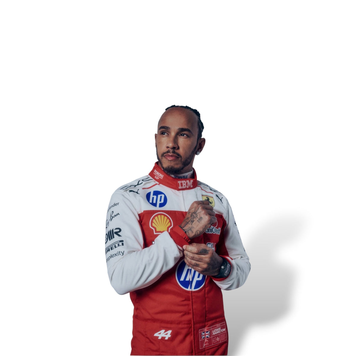 Ferrari replica race suit with red front, white shoulders and sleeves, sponsor logos and number 44.