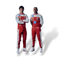 Ferrari replica race suit in red and white, shown on two drivers with sponsor logos.