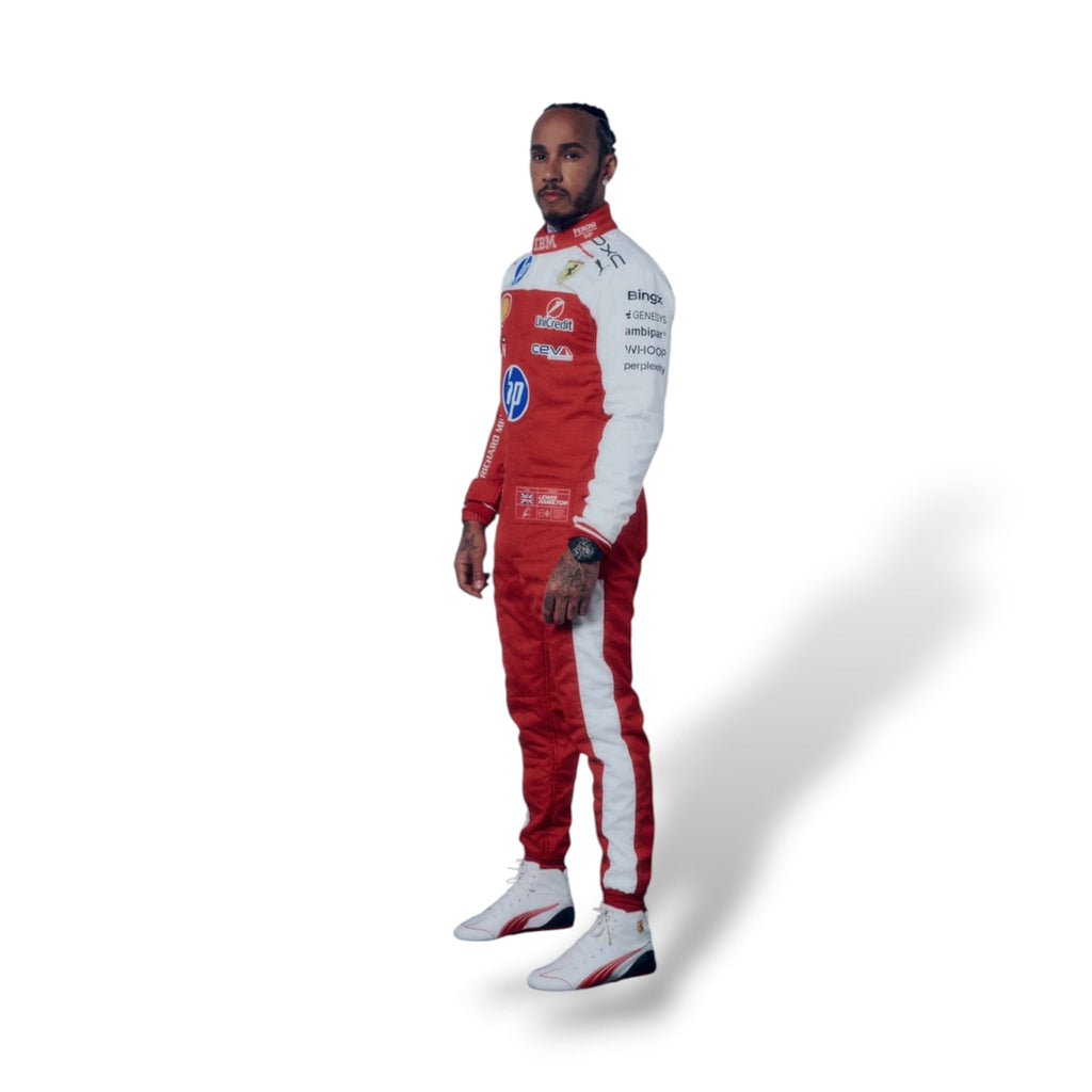 Ferrari replica race suit with red body, white sleeves and side stripes, shown from the side.