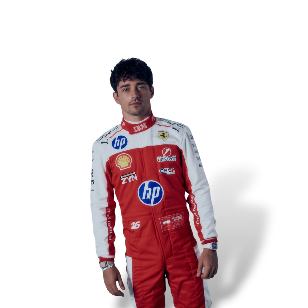 Ferrari replica race suit with red front, white shoulders and sleeves, sponsor logos and number 16.