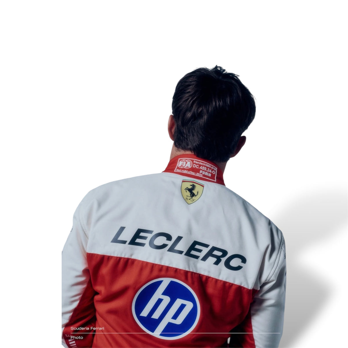 Ferrari replica race suit back with white shoulders, red body, Leclerc name and HP logo.