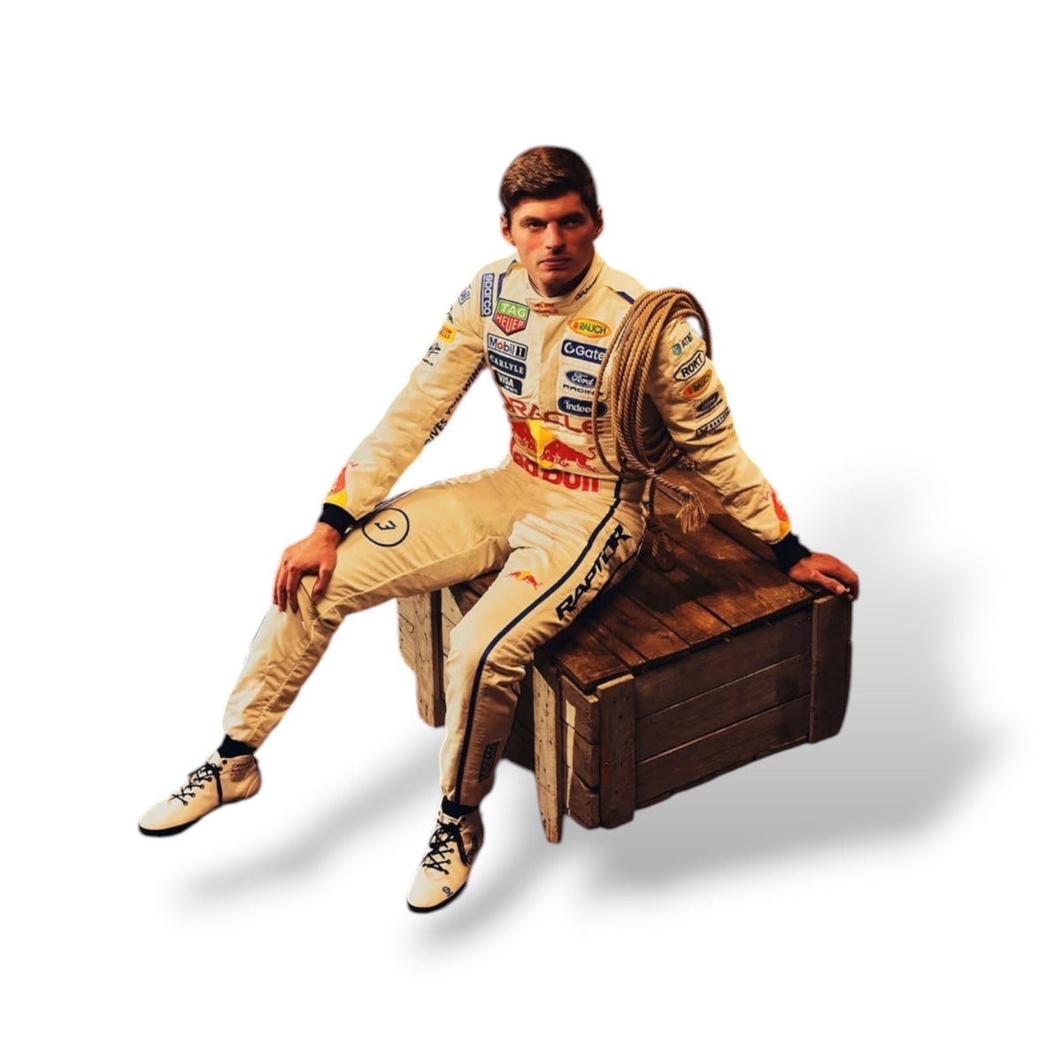 Red Bull F1 racing suit with sponsor logos, shown with matching racing shoes