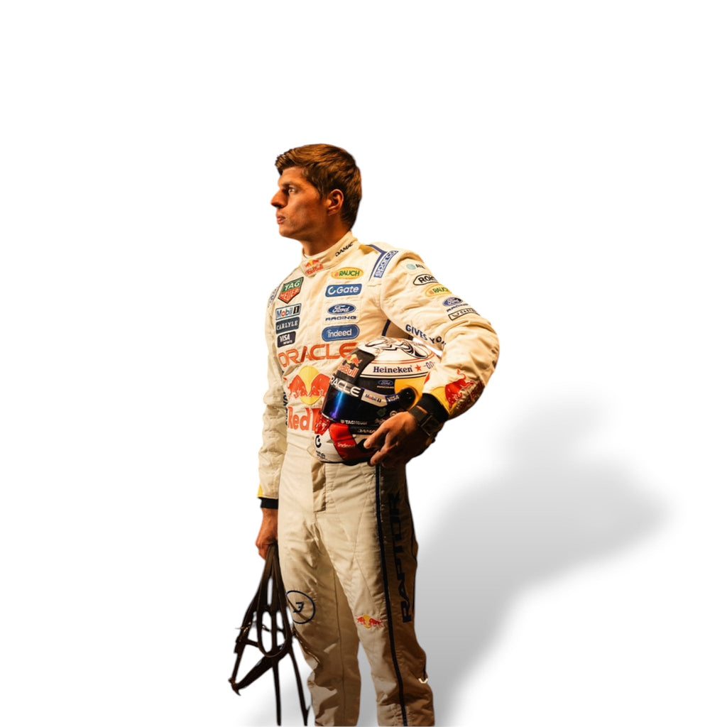 Red Bull F1 racing suit with sponsor logos and matching helmet