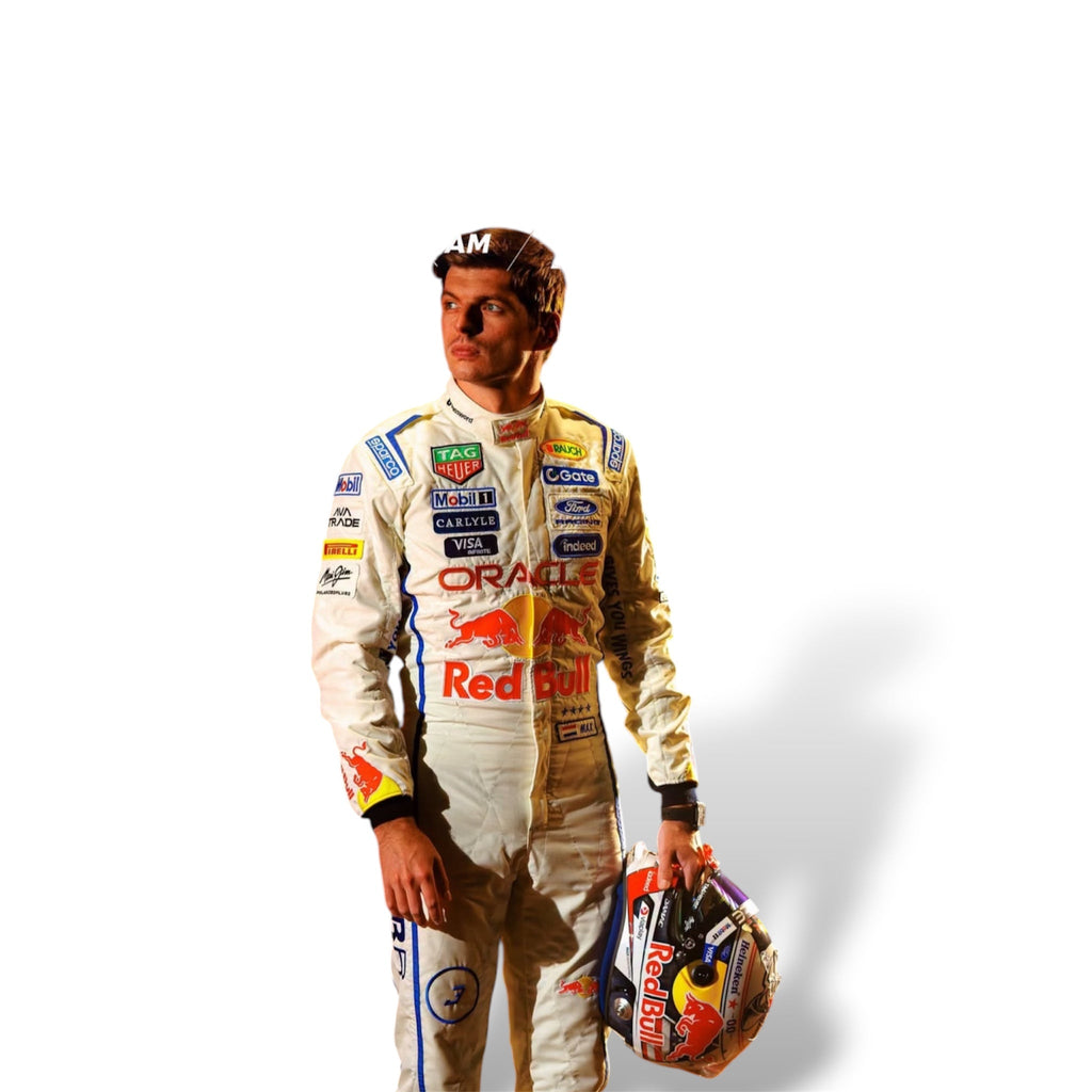 Red Bull F1 racing suit with sponsor logos, worn with a matching helmet
