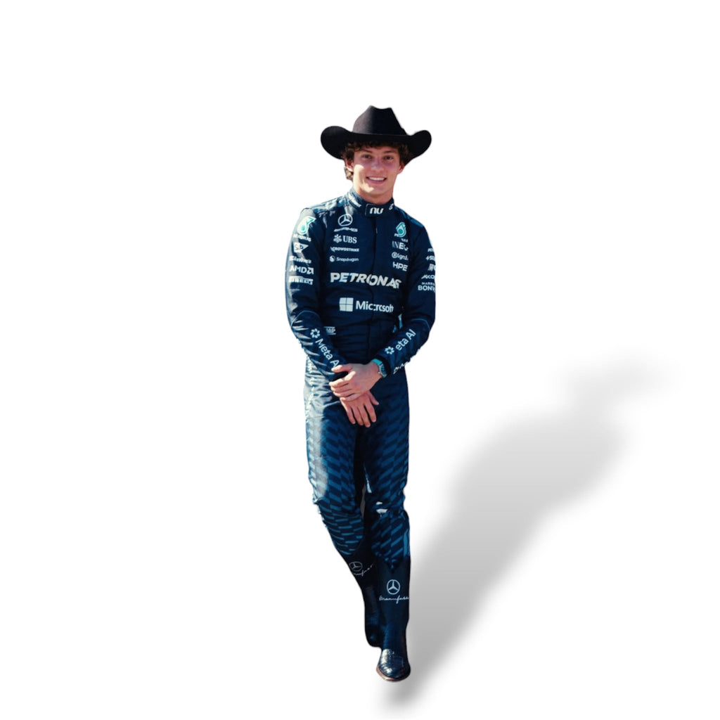 Dark navy Mercedes Formula 1 race suit with blue accents and sponsor logos, shown full length
