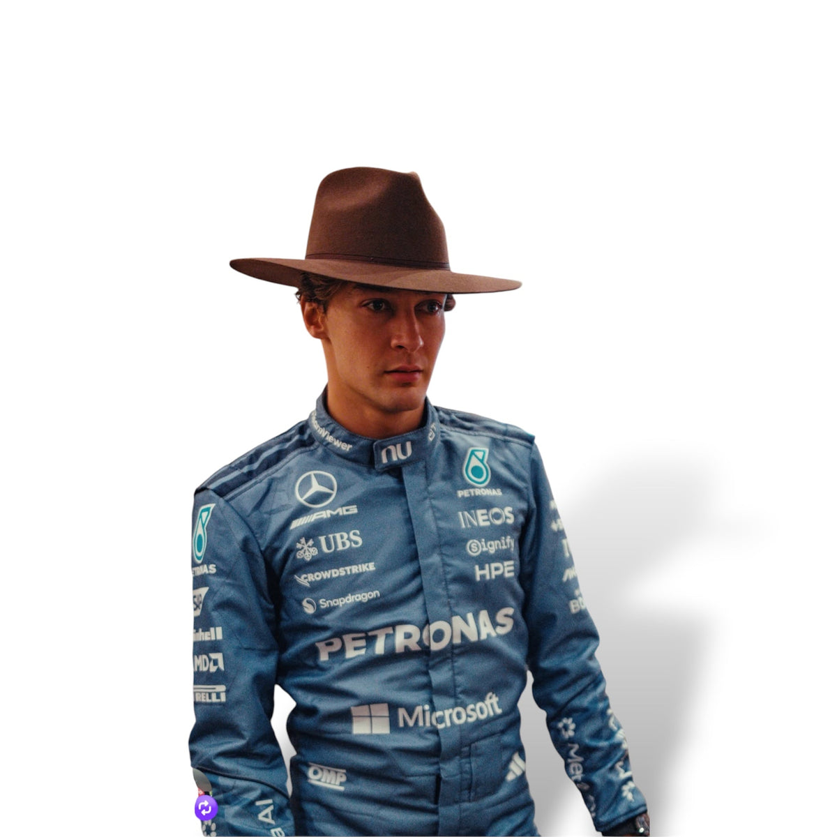 Blue Mercedes Formula 1 race suit with sponsor logos, shown from the front