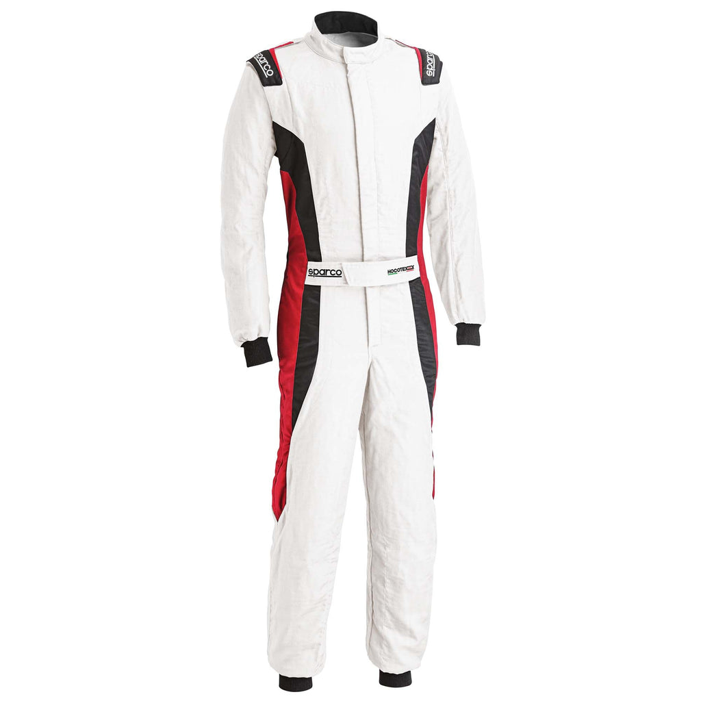 White racing suit with red side panels, full-zip front and long sleeves