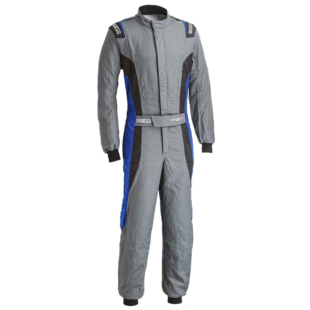 Grey racing suit with blue side panels, full-zip front and long sleeves
