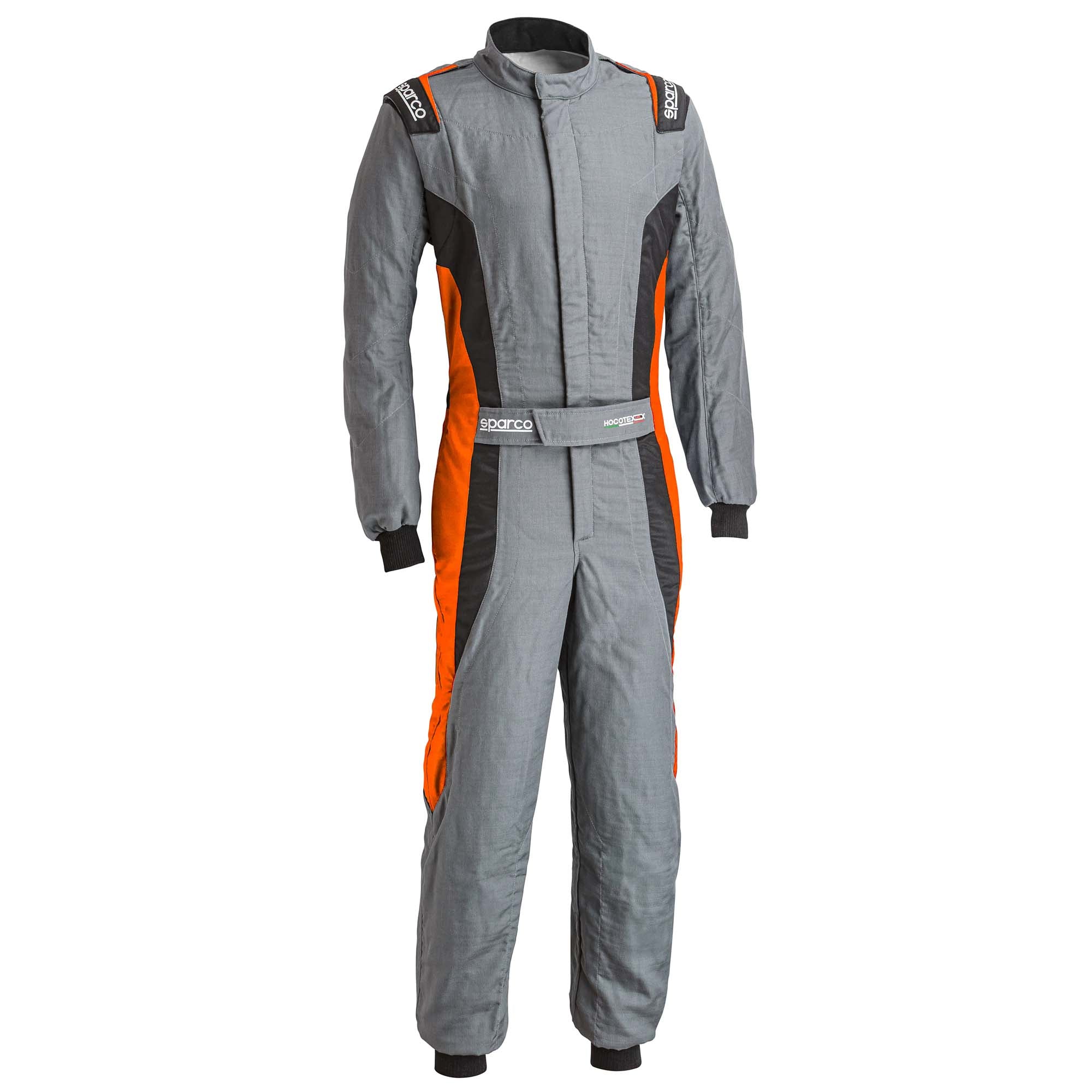 Grey racing suit with orange side panels, full-zip front and long sleeves